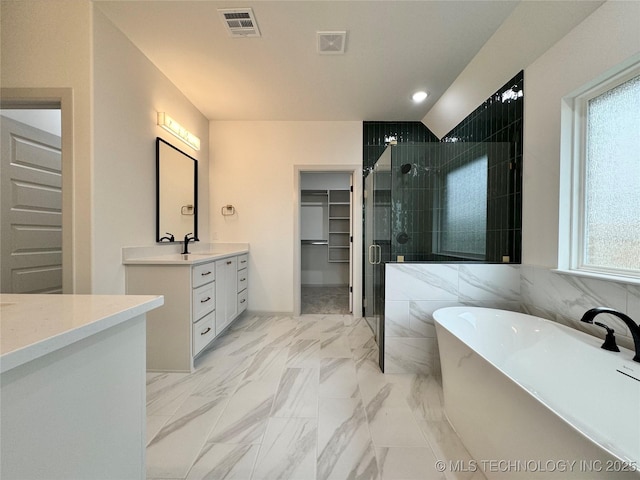 bathroom featuring vanity and separate shower and tub