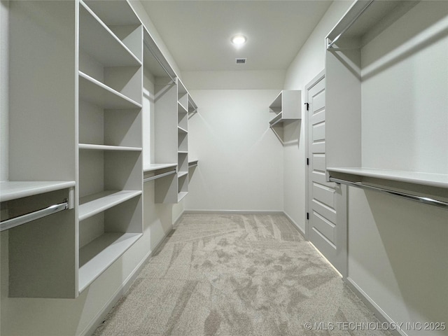 walk in closet with light colored carpet