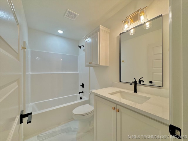 full bathroom with toilet, vanity, and shower / bathing tub combination