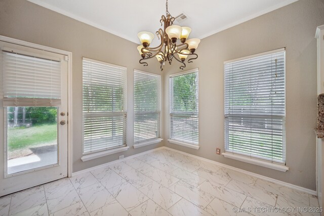 unfurnished dining area featuring visible vents, marble finish floor, baseboards, and a notable chandelier