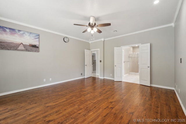 unfurnished bedroom featuring visible vents, ornamental molding, wood finished floors, baseboards, and a ceiling fan