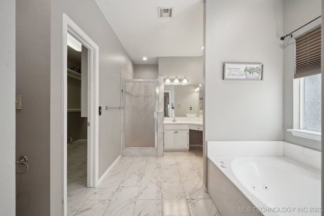 full bath featuring a jetted tub, visible vents, a stall shower, vanity, and marble finish floor
