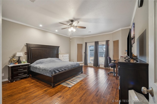 bedroom with dark hardwood / wood-style flooring, access to outside, ceiling fan, crown molding, and a textured ceiling