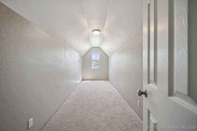 additional living space featuring a textured wall, carpet, a textured ceiling, and lofted ceiling