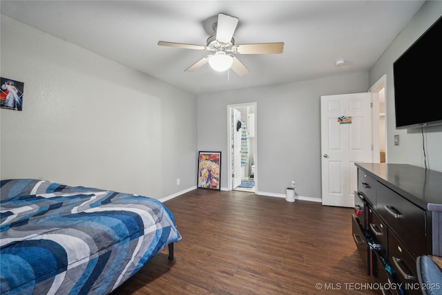 bedroom featuring dark hardwood / wood-style floors and ceiling fan