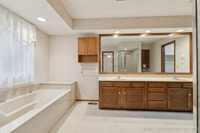 bathroom with vanity, plenty of natural light, and independent shower and bath