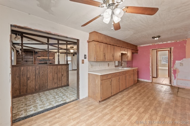 kitchen featuring sink, light hardwood / wood-style flooring, and ceiling fan