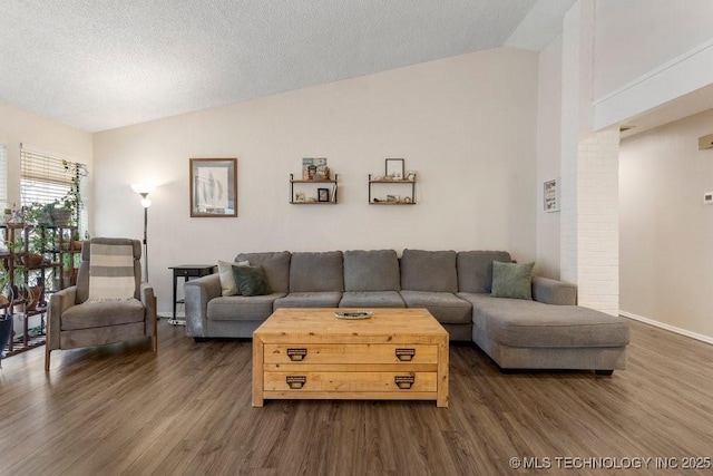 living room with lofted ceiling, a textured ceiling, and dark hardwood / wood-style flooring