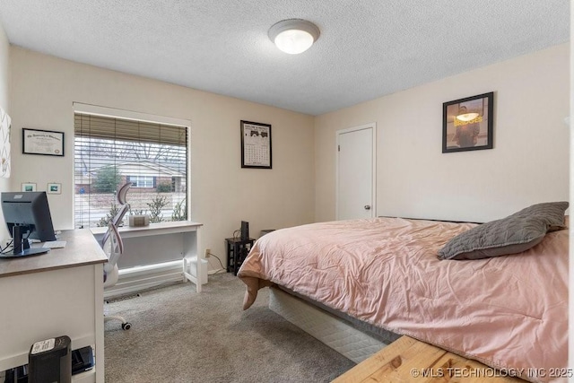 carpeted bedroom with a textured ceiling