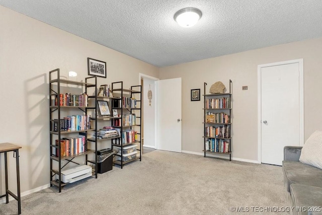 miscellaneous room with light colored carpet and a textured ceiling