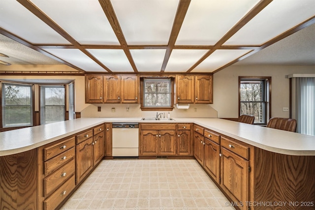 kitchen with kitchen peninsula, sink, and dishwasher