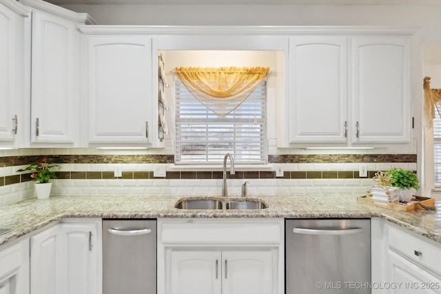 kitchen featuring sink, stainless steel dishwasher, and white cabinets