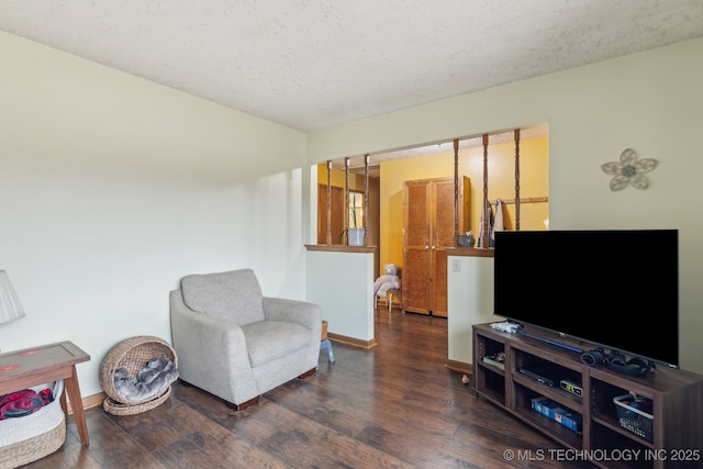 sitting room featuring dark wood-type flooring and a textured ceiling