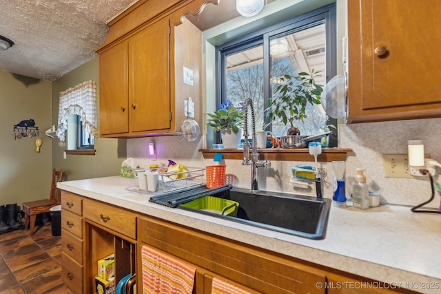 kitchen with tasteful backsplash, a healthy amount of sunlight, sink, and a textured ceiling