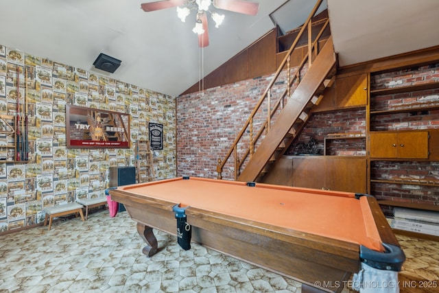 rec room with lofted ceiling, billiards, and ceiling fan