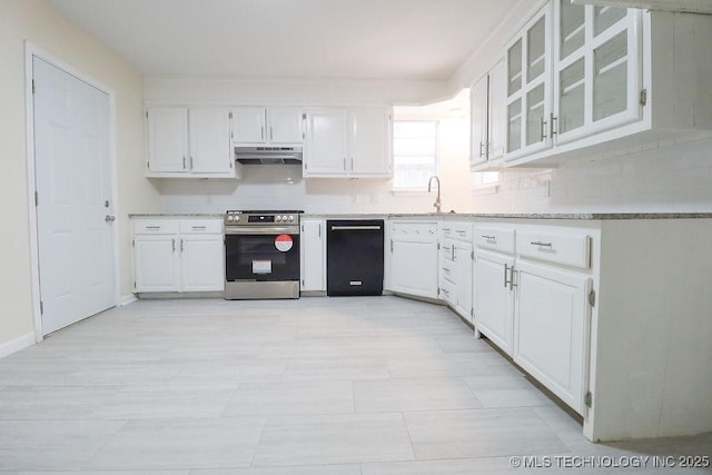 kitchen with white cabinets, black dishwasher, stainless steel range, and backsplash