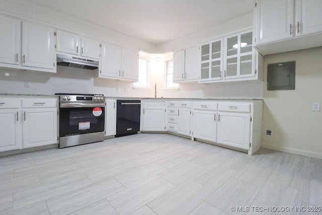 kitchen with white cabinets, black dishwasher, stainless steel range, and electric panel