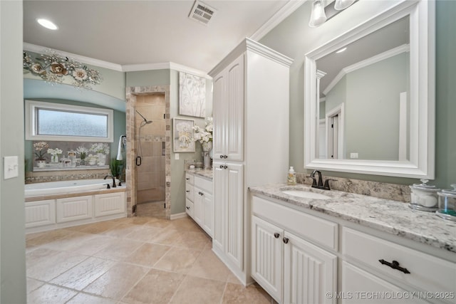 bathroom with crown molding, vanity, and plus walk in shower