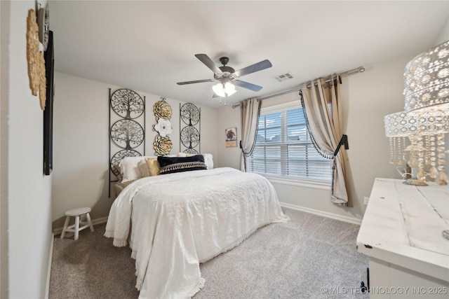 bedroom with ceiling fan and carpet