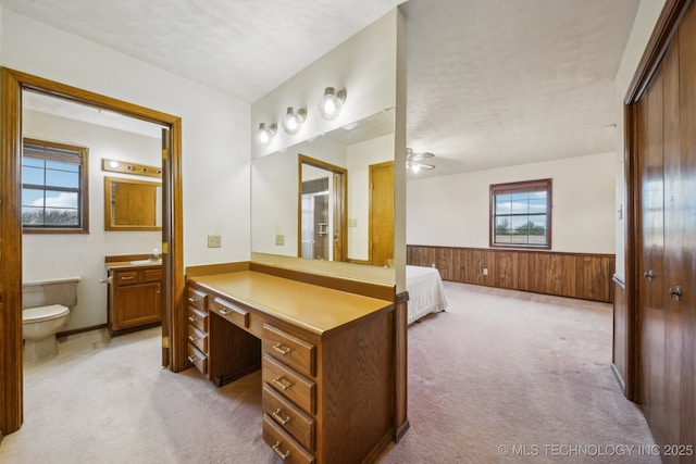 bathroom with vanity, toilet, and wood walls