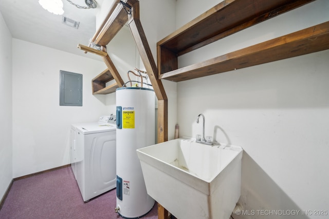 laundry room with sink, washer / dryer, electric panel, electric water heater, and dark carpet