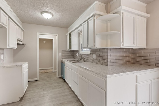 kitchen featuring light hardwood / wood-style floors, sink, decorative backsplash, and white cabinets