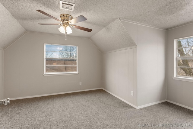 additional living space with lofted ceiling, ceiling fan, a textured ceiling, and carpet flooring