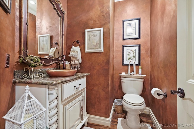 bathroom with vanity, wood-type flooring, and toilet