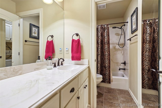 full bathroom with shower / bathtub combination with curtain, vanity, toilet, and tile patterned floors