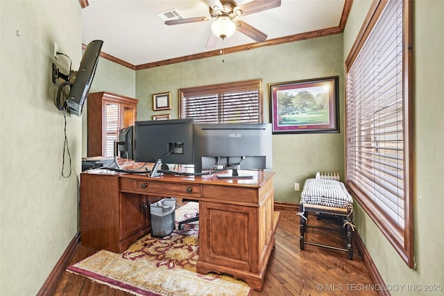 home office featuring crown molding, hardwood / wood-style floors, and ceiling fan