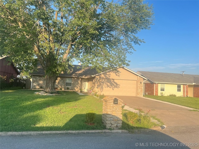 ranch-style home with a garage and a front lawn