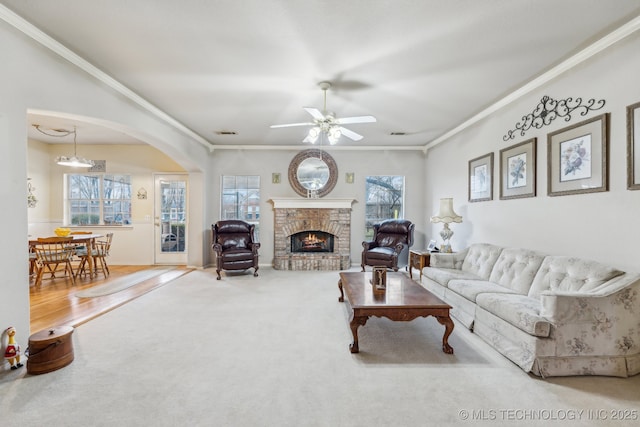 carpeted living room with crown molding, ceiling fan, plenty of natural light, and a fireplace