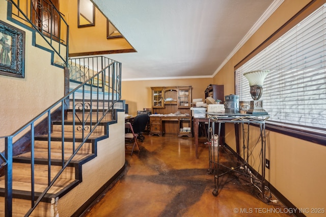 interior space featuring ornamental molding and concrete floors