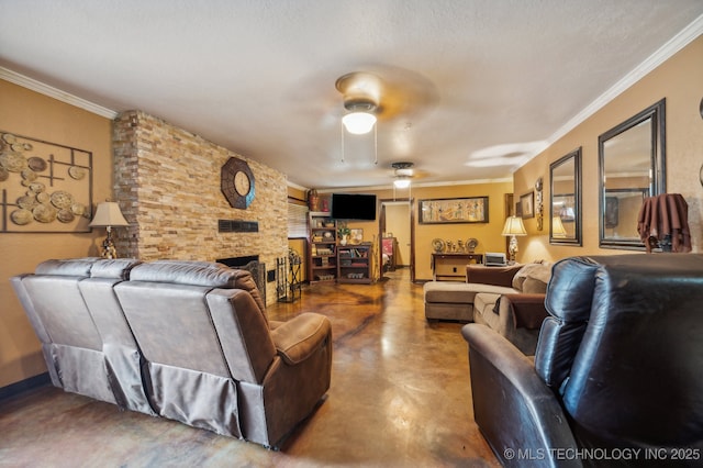 living room with concrete flooring, crown molding, ceiling fan, and a fireplace