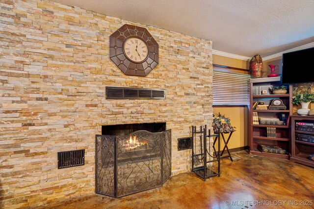 living room featuring crown molding, a textured ceiling, a fireplace, and concrete floors