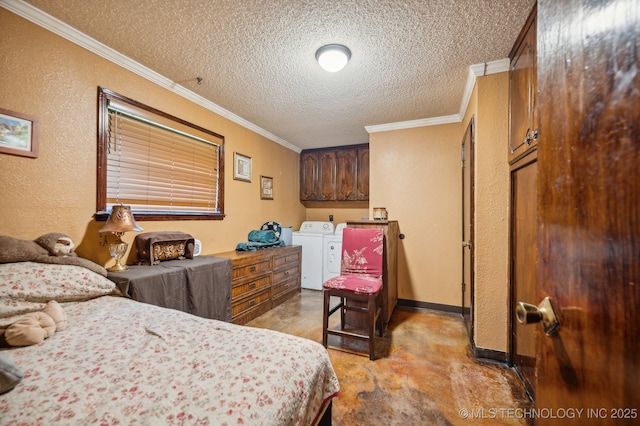 bedroom featuring crown molding, washer and dryer, and a textured ceiling