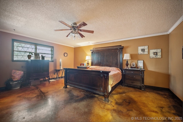 bedroom featuring ornamental molding, ceiling fan, and a textured ceiling