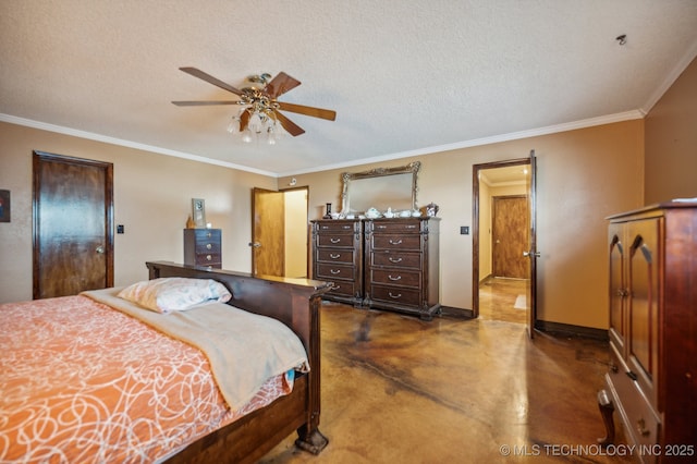 bedroom with ceiling fan, ornamental molding, and a textured ceiling