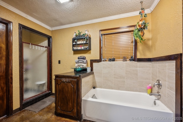 bathroom featuring concrete flooring, ornamental molding, a textured ceiling, and plus walk in shower