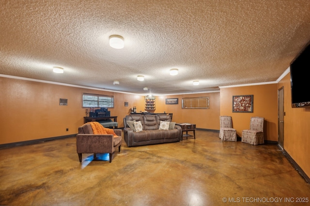 living room with ornamental molding, concrete floors, and a textured ceiling