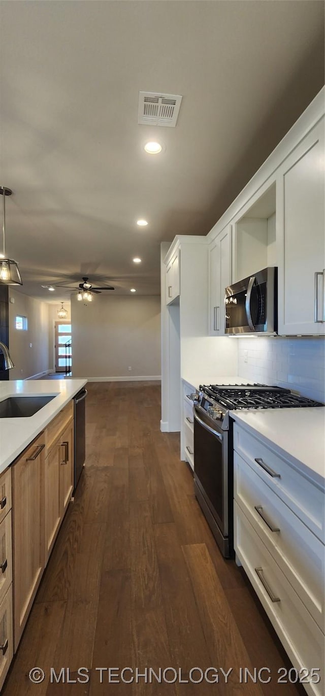 kitchen with appliances with stainless steel finishes, a sink, dark wood-style flooring, ceiling fan, and light countertops