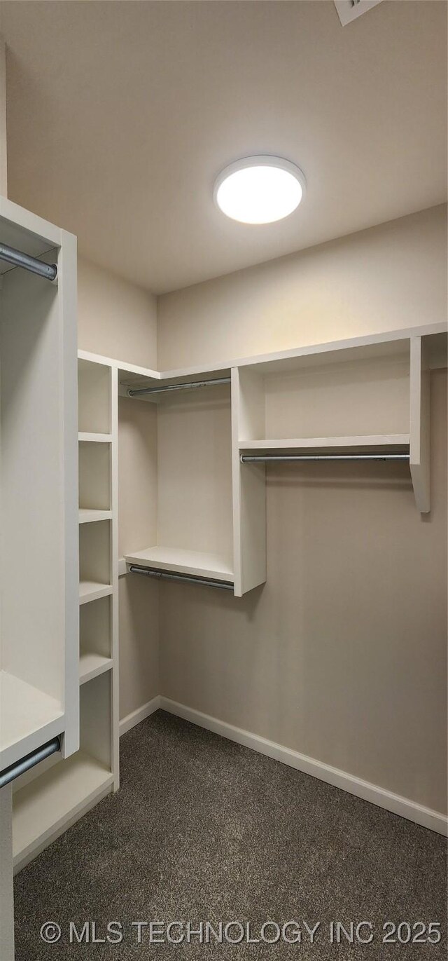 spacious closet featuring dark colored carpet