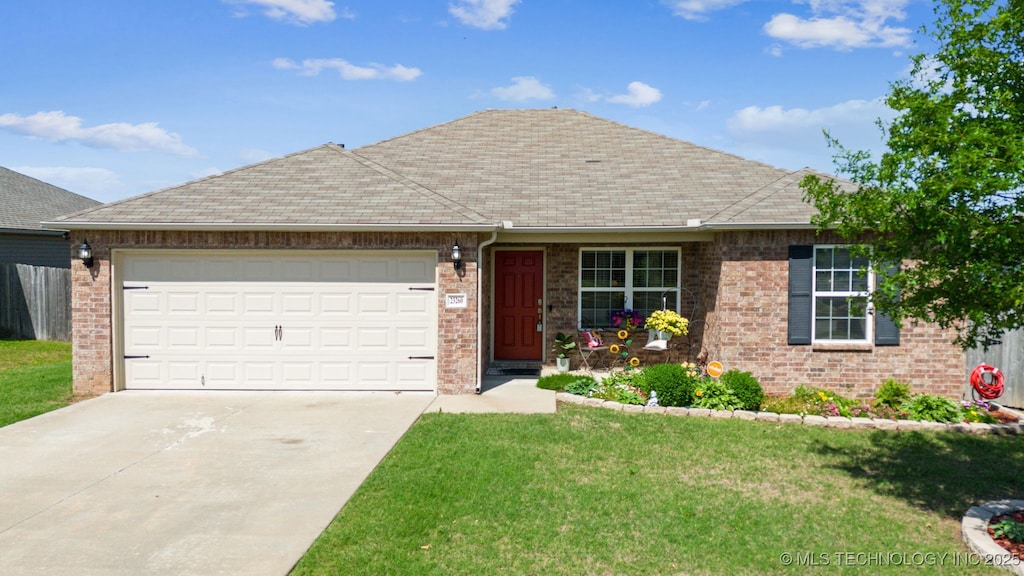 23260 Bessie Blvd, Claremore, OK 74019 - ranch-style home featuring driveway, a front lawn, a garage, and brick siding