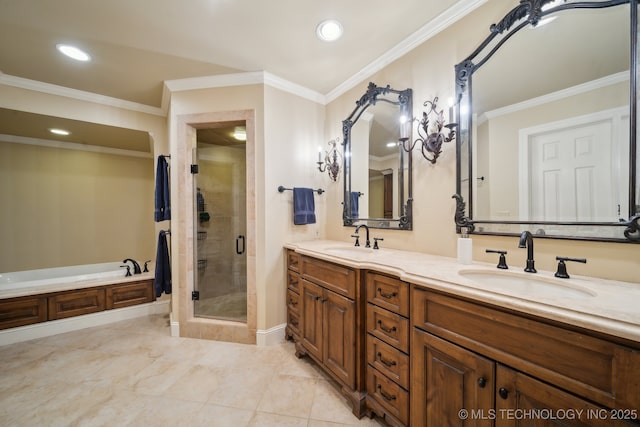 bathroom with ornamental molding, shower with separate bathtub, and vanity