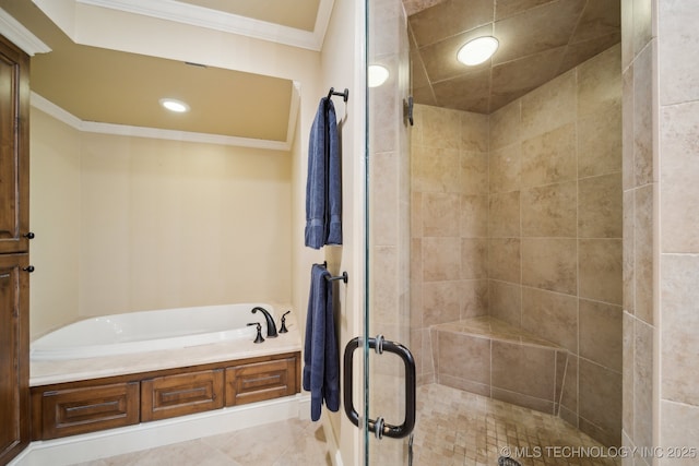 bathroom with crown molding and plus walk in shower