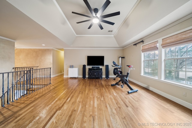 workout room featuring a raised ceiling, crown molding, and hardwood / wood-style floors