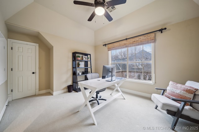 office area with lofted ceiling, light colored carpet, and ceiling fan