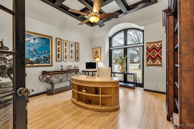 sitting room with ceiling fan, coffered ceiling, light hardwood / wood-style floors, and beam ceiling