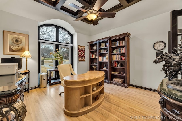 office space featuring coffered ceiling, beam ceiling, ceiling fan, and light wood-type flooring