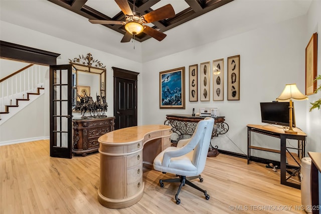 office area featuring coffered ceiling, light hardwood / wood-style flooring, and ceiling fan